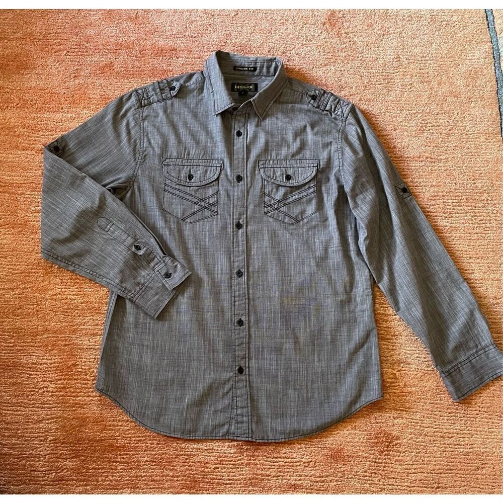 HELIX Athletic Fit Mens Gray Solid Long Sleeve Button Up Cotton Blend L